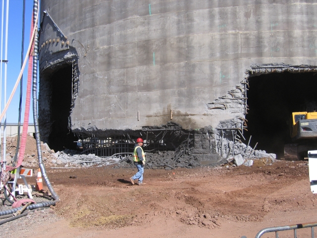 Cuts in the exterior concrete wall of the containment buildling to allow the excavators to enter